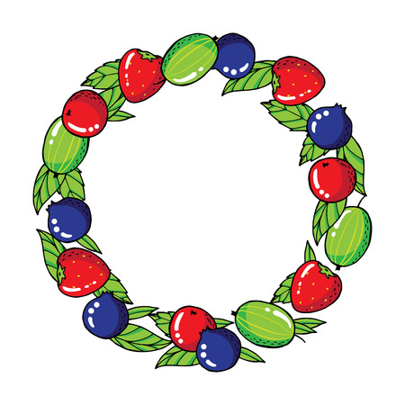Wreath with strawberries, gooseberries, blackberries and leafs. Vector illustrationのイラスト素材
