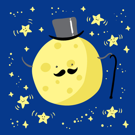 Moon with mustache and dancing stars. Vector illustrationのイラスト素材