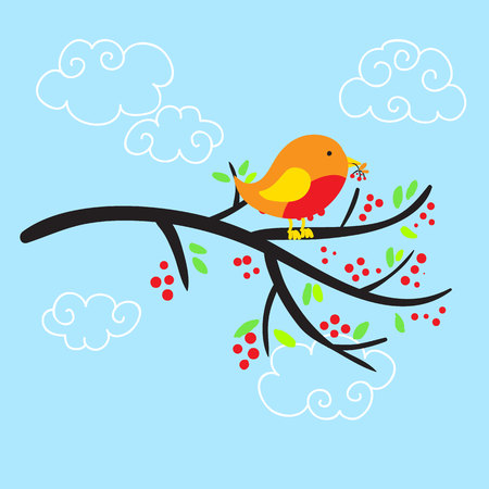 Bird on a branch with berries and leafs. Vector illustrationのイラスト素材