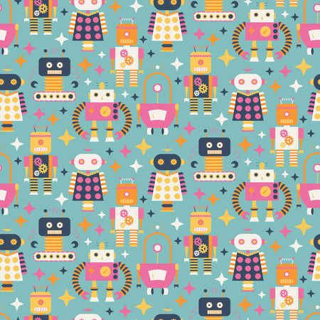 Seamless pattern with different vintage robots. vector illustrationのイラスト素材