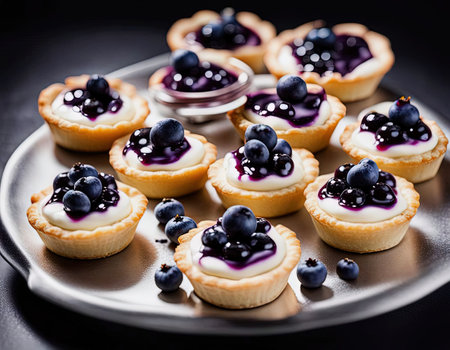 Mini tartlets with blueberries and jam on a black background.の素材
