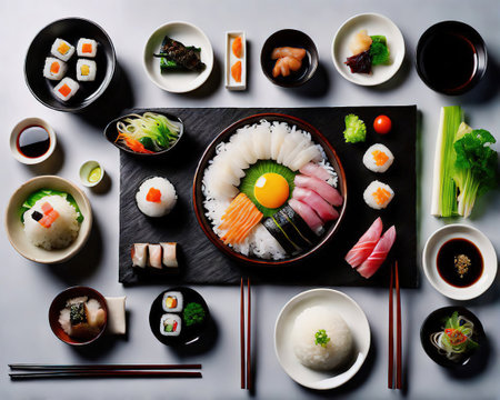 Japanese food restaurant. Set of sushi and rolls in a black plate on a gray background.の素材