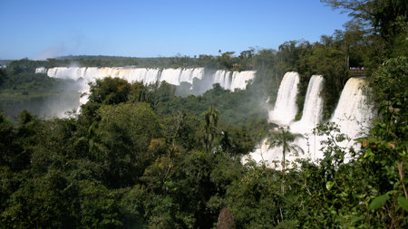 Water cascades majestically over cliffs surrounded by dense greenery at Iguazu Falls. Sunlight illuminates the scene, showcasing the beauty of nature and the sound of rushing water fills the air.の写真素材