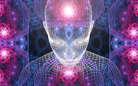 Poltgonal figure of a man against the backdrop of the universe. A mystical journey through the universe. The state of meditation Surreal 3D painting. transpersonal art.の写真素材