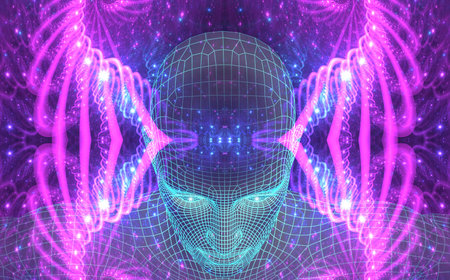 Poltgonal figure of a man against the backdrop of the universe. A mystical journey through the universe. The state of meditation Surreal 3D painting. transpersonal art.の写真素材