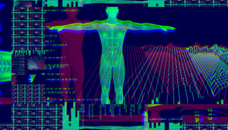 3d portrait of a man with glitch effect. Cyberpunk style. Conceptual image of artificial intelligence.Virtual reality. Deep Learning and Face recognition systems.の写真素材