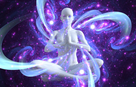 Silhouette of a girl in Lotus position on the background of the mandala. A state of trance and deep meditation. A spiritual journey in the universe. 3d illustration.の写真素材