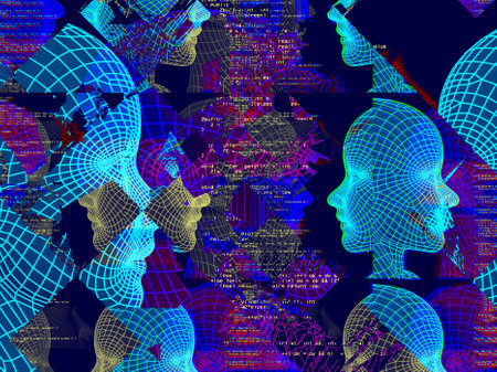 Polygonal portrait of a man with glitch effect. Cyberpunk style. Conceptual image of artificial intelligence.Virtual reality. Deep Learning and Face recognition systems.の写真素材