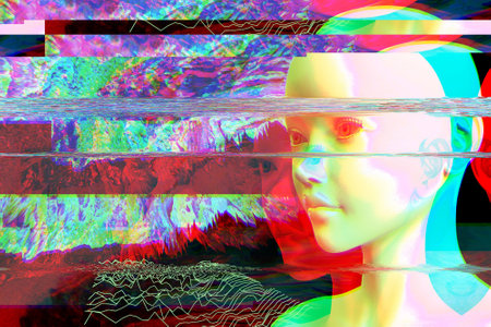 3d portrait of a man with glitch effect. Cyberpunk style. Conceptual image of artificial intelligence.Virtual reality. Deep Learning and Face recognition systems.の写真素材