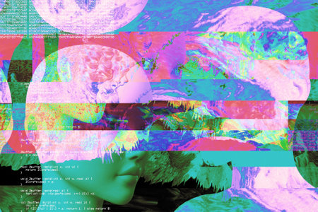 3d portrait of a man with glitch effect. Cyberpunk style. Conceptual image of artificial intelligence.Virtual reality. Deep Learning and Face recognition systems.の写真素材