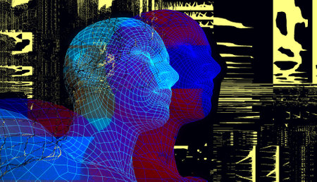 Polygonal portrait of a man with glitch effect. Cyberpunk style. Conceptual image of artificial...
