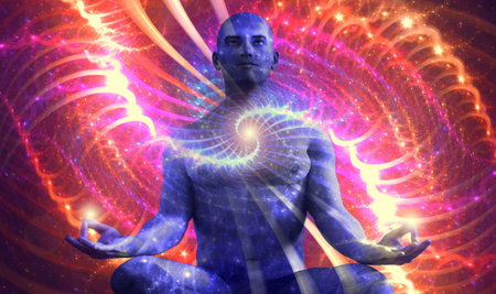 A mystical journey through the universe. The state of meditation Surreal 3D painting. transpersonal...