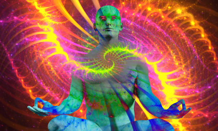 A mystical journey through the universe. The state of meditation Surreal 3D painting. transpersonal art.の写真素材