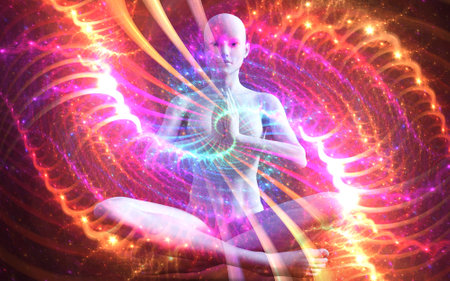 A mystical journey through the universe. The state of meditation Surreal 3D painting. transpersonal art.の写真素材