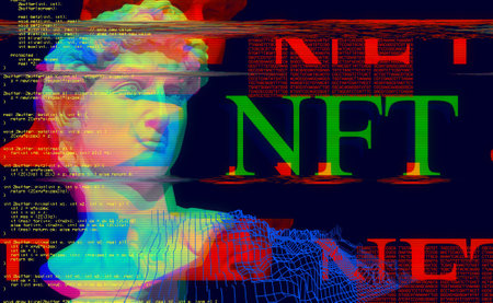 3D portrait of an antique sculpture with a glitch effect. Cyberpunk style. Conceptual disease of artificial intelligence. virtual reality. Deep learning and suspicion systems.の写真素材