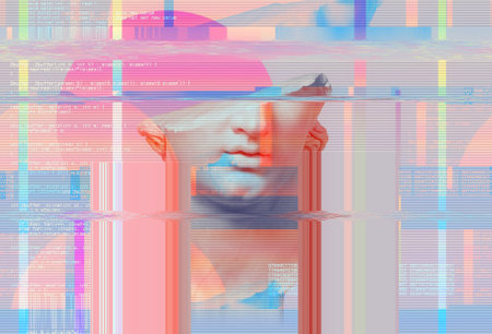 3D portrait of an antique sculpture with a glitch effect. Cyberpunk style. Conceptual disease of artificial intelligence. virtual reality. Deep learning and suspicion systems.の写真素材