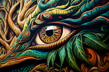 Ayahuasca compilation. Shamanic meditation. The journey of consciousness. A dragon in a tree trunk. The magic eye. Generative AI.の素材