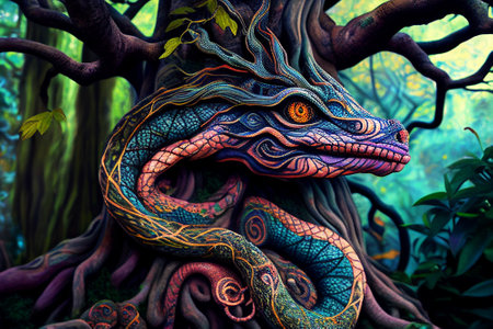 Ayahuasca compilation. Shamanic meditation. The journey of consciousness. A dragon in a tree trunk. The magic eye. Generative AI.の素材
