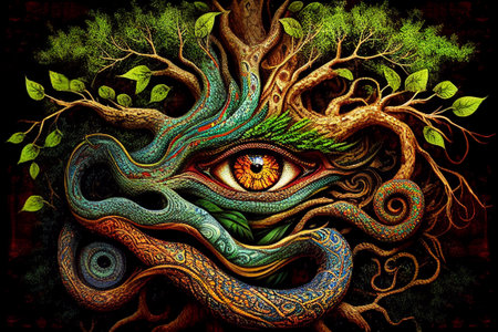 Ayahuasca compilation. Shamanic meditation. The journey of consciousness. A dragon in a tree trunk. The magic eye. Generative AI.の素材