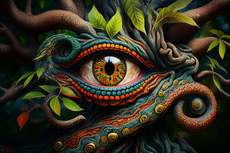 Ayahuasca compilation. Shamanic meditation. The journey of consciousness. A dragon in a tree trunk. The magic eye. Generative AI.の素材