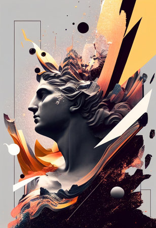 Antique plaster head on the background against the background of colors and volume forms. The abstract composition is beautiful. A modern poster. Generative AI.の素材