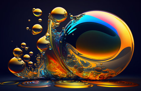 Beautiful bubbles in liquid acrylic paint. Fantastic color painting. Generative AI.の素材