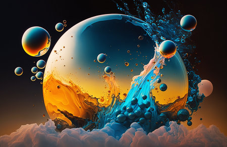 Beautiful bubbles in liquid acrylic paint. Fantastic color painting. Generative AI.の素材