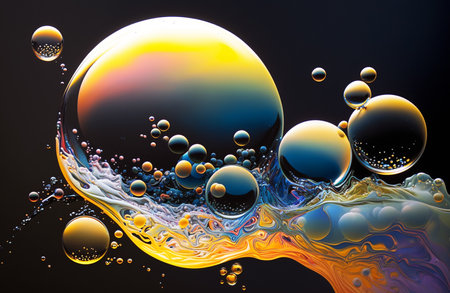 Beautiful bubbles in liquid acrylic paint. Fantastic color painting. Generative AI.の素材