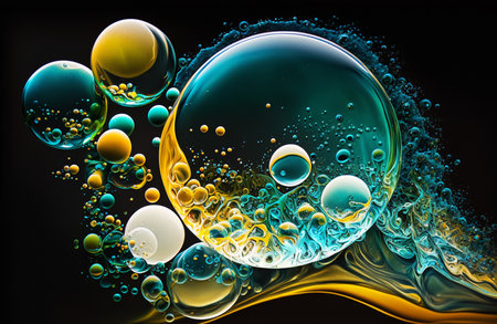 Beautiful bubbles in liquid acrylic paint. Fantastic color painting. Generative AI.の素材