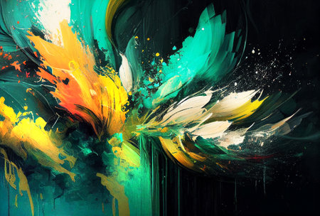 Splashes of bright paint on the canvas. interior painting. beautiful background. Generative AI.の素材