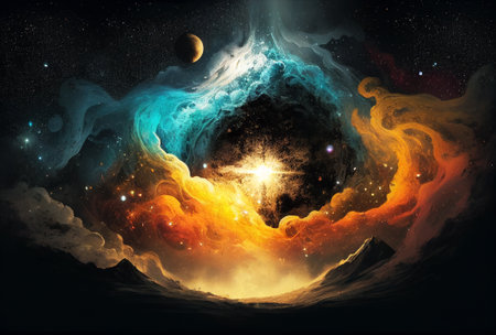 A surreal painting. A fantasy world. The vast universe. Clouds, sand, mountains, sky. Generative AI.の素材