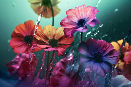 Bright flowers in splashes of water. edge background. Fantastic composition. Generative AI.の素材