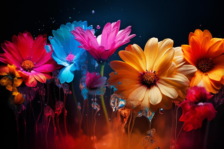 Bright flowers in splashes of water. edge background. Fantastic composition. Generative AI.の素材