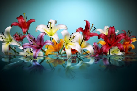 Bright lily flowers in the water. edge background. Fantastic composition. Generative AI.の素材
