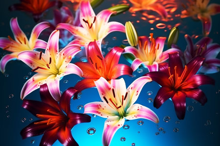 Bright lily flowers in the water. edge background. Fantastic composition. Generative AI.の素材