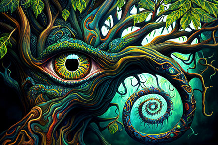 Ayahuasca compilation. Shamanic meditation. The journey of consciousness. A dragon in a tree trunk. The magic eye. Generative AI.の素材