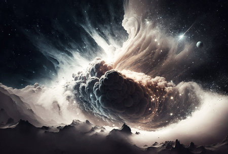 A surreal painting. A fantasy world. The vast universe. Clouds, sand, mountains, sky. Generative AI.の素材