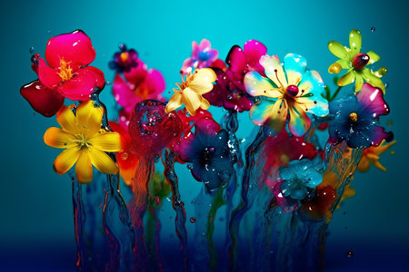 Bright flowers in splashes of water. edge background. Fantastic composition. Generative AI.の素材
