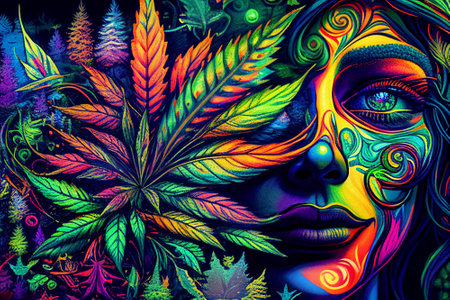 Psychedelic art. Shamanic meditation. The journey of consciousness. A dragon in a tree trunk. The magic eye. Generative AI.の素材