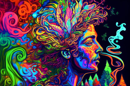 Psychedelic art. Shamanic meditation. The journey of consciousness. A dragon in a tree trunk. The magic eye. Generative AI.の素材