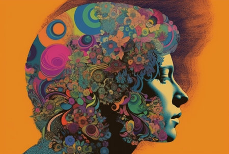 Collage in the style of the 70s. Retro portrait of a woman.Hippie style. nice poster. Generative AI.の素材