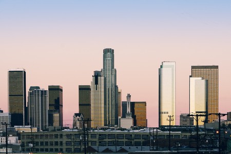 Los Angeles skyline in early morning on a clear day. 