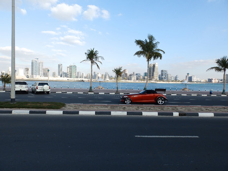 Red car on the road Dubai and palmsのeditorial素材