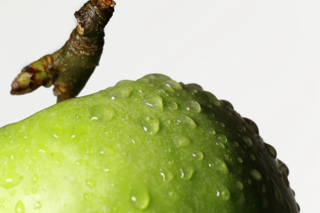 Green apple with water drops on white backgroundの写真素材