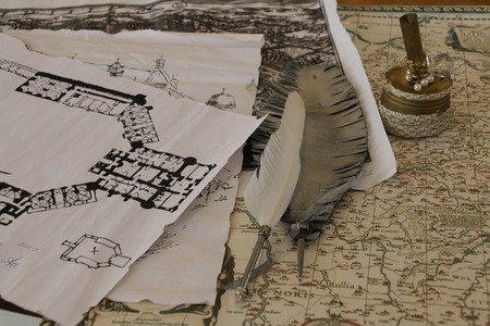Old map, a pen and drawing of houseの写真素材
