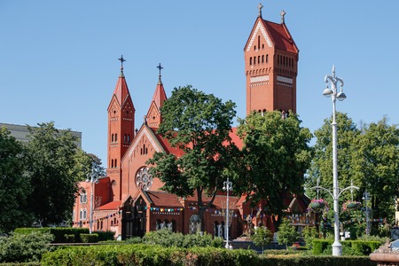 Catholic red chapel St Simon and St Elena. Minsk. Belarus.の写真素材
