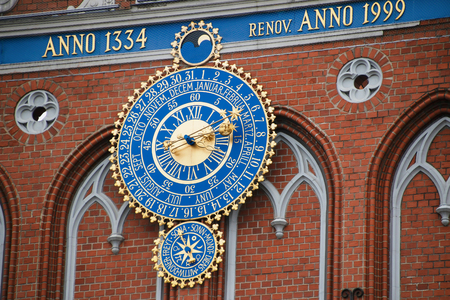 Detail of astronomical clock on the House of Blackheads, Riga, Latvia.