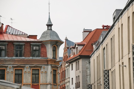 Narrow medieval street in the old Riga city, Latviaの写真素材