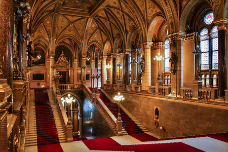 BUDAPEST, HUNGARY - MAY 8, 2016: Interior view of Parliament Building. The building was completed in 1905 and is in Gothic Revival style.のeditorial素材