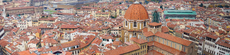 Italy. Florence. Panoramic view seen from the observation platform Cathedral Santa Maria del Fiore.. Florence is the ancient city of the Italian region of Tuscany, on the banks of the River Arno.の写真素材